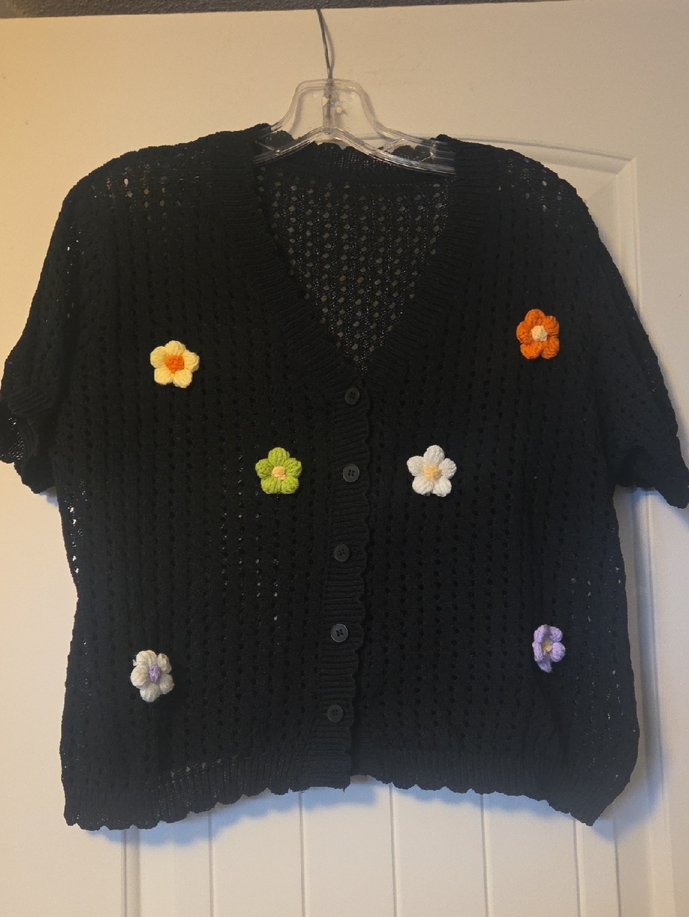 SHEIN Black Crochet Short-Sleeve Cardigan with Multicolor Crochet Flowers